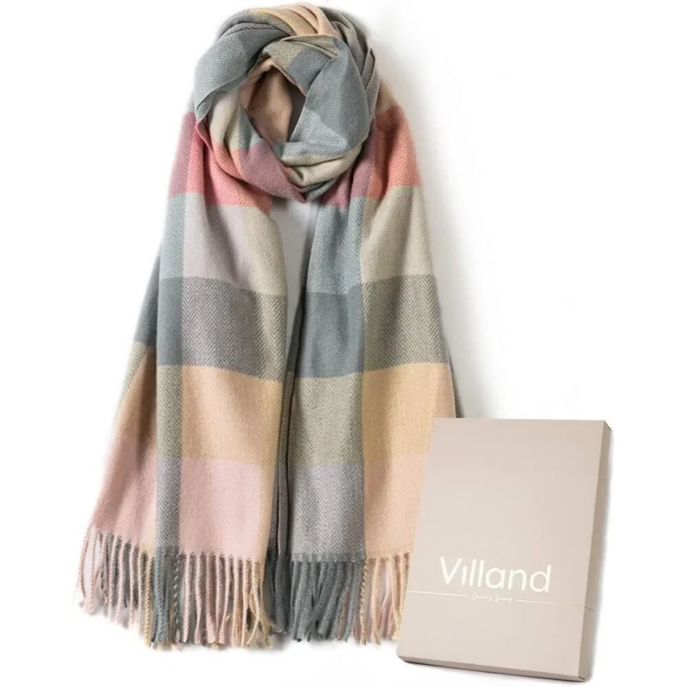 Women's Lilac Check Wool Scarf Cashmere Feel Winter Checked Scarves Soft Shawls